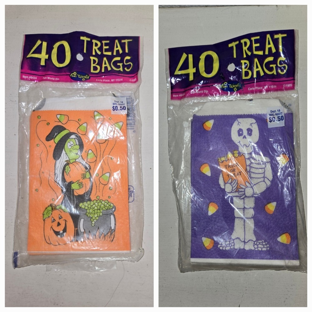 VINTAGE Set Of NOS HALLOWEEN PAPER TREAT BAGS 40CT Witch Skeleton
